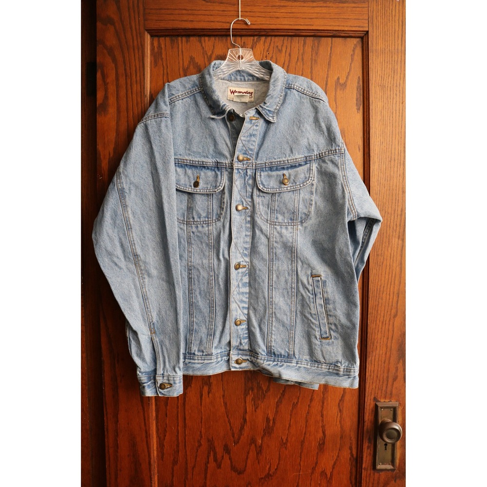 WRANGLER RUGGED Wear Denim Jacket Mens XLT Blue VINTAGE Trucker Work Coat